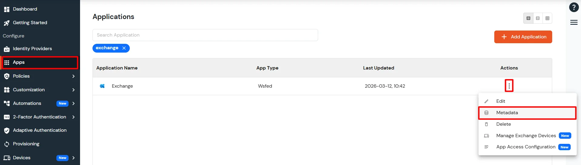 Exchange Single Sign-On (SSO) select metadata