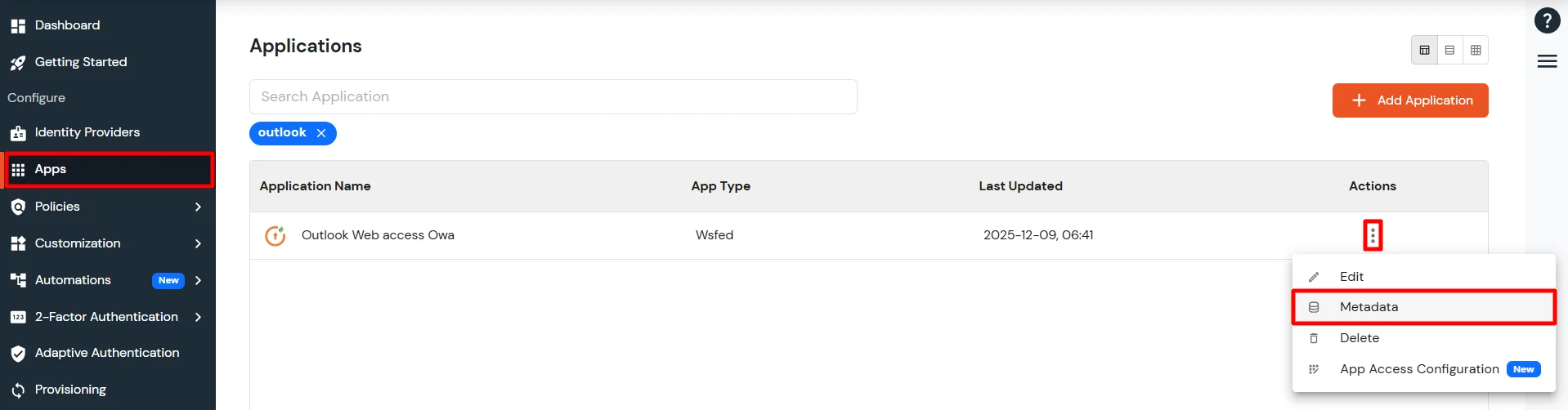 Outlook Web Access OWA Single Sign-On (SSO) select metadata