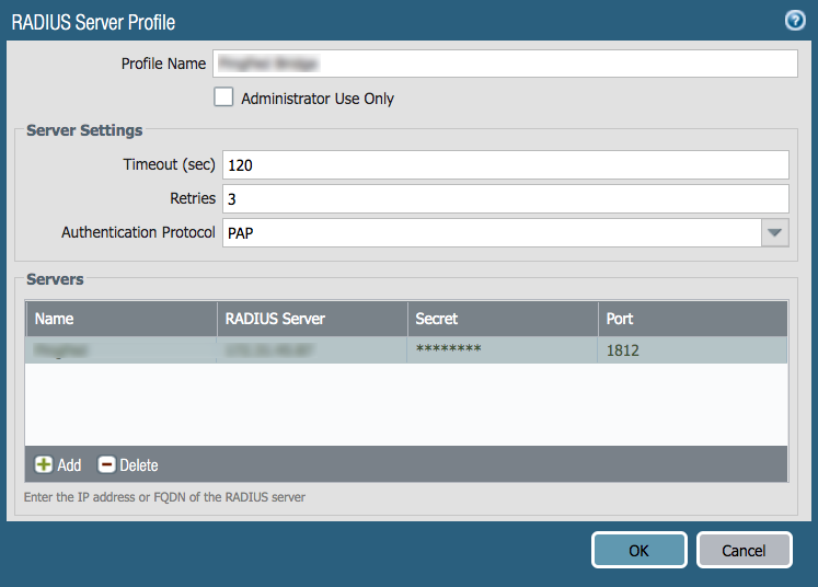 Palo Alto Networks MFA multi-factor authentication: Rdius Server Profile