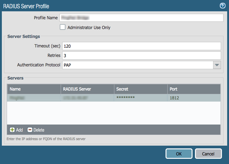 MFA 2FA two-factor authentication for Palo Alto Networks : Rdius Server Profile