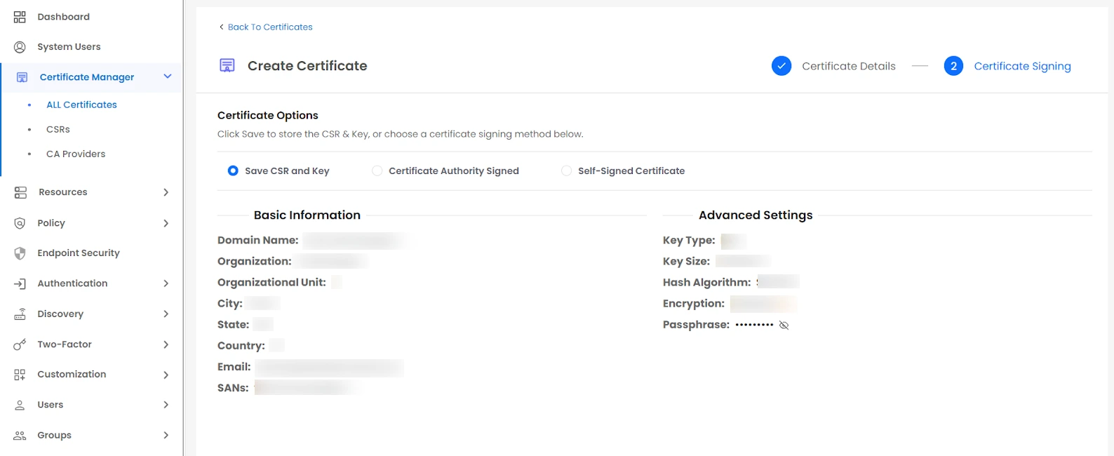 Certificate Manager - Certificate Signing Details