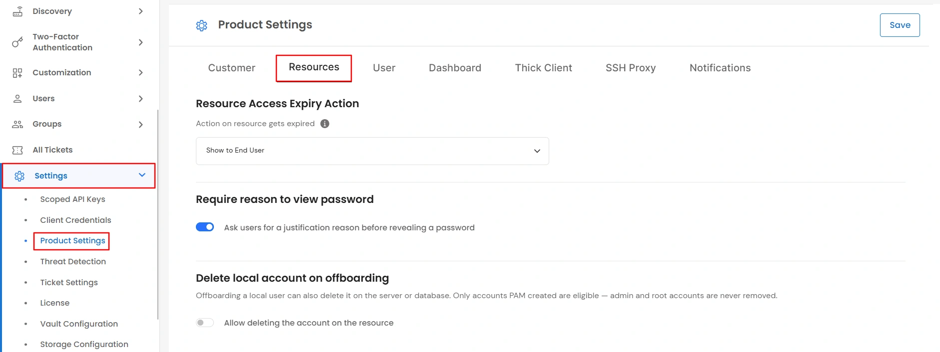 Privileged Access Management Admin Handbook: Click the Resources tab in Product Settings