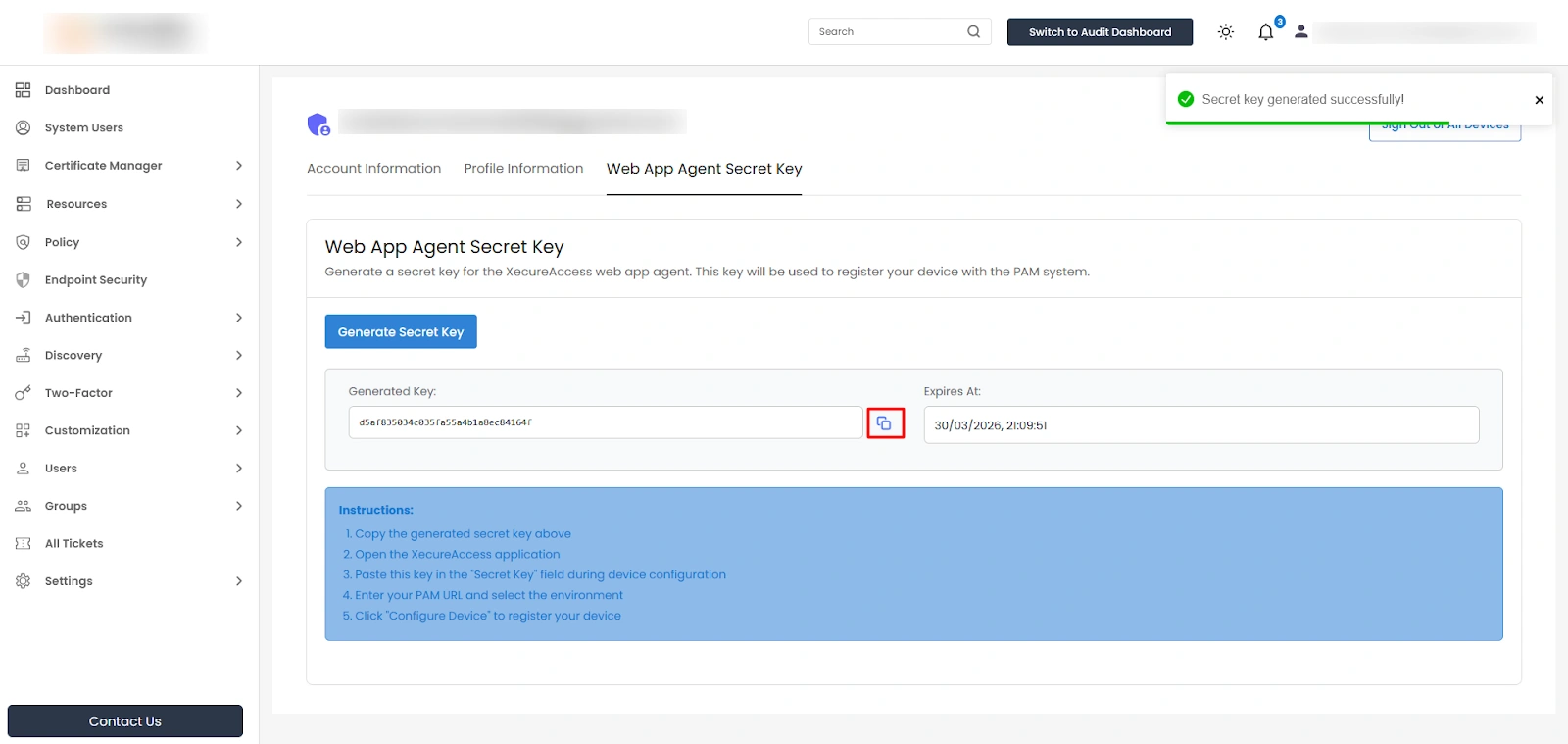 Privileged Access Management Admin Handbook: Copy Generate Key