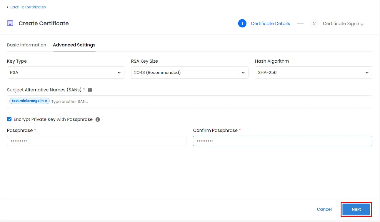 Certificate Manager - CSR Advanced Settings