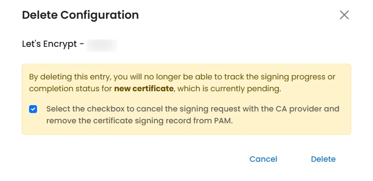 Certificate Manager - Delete Configuration