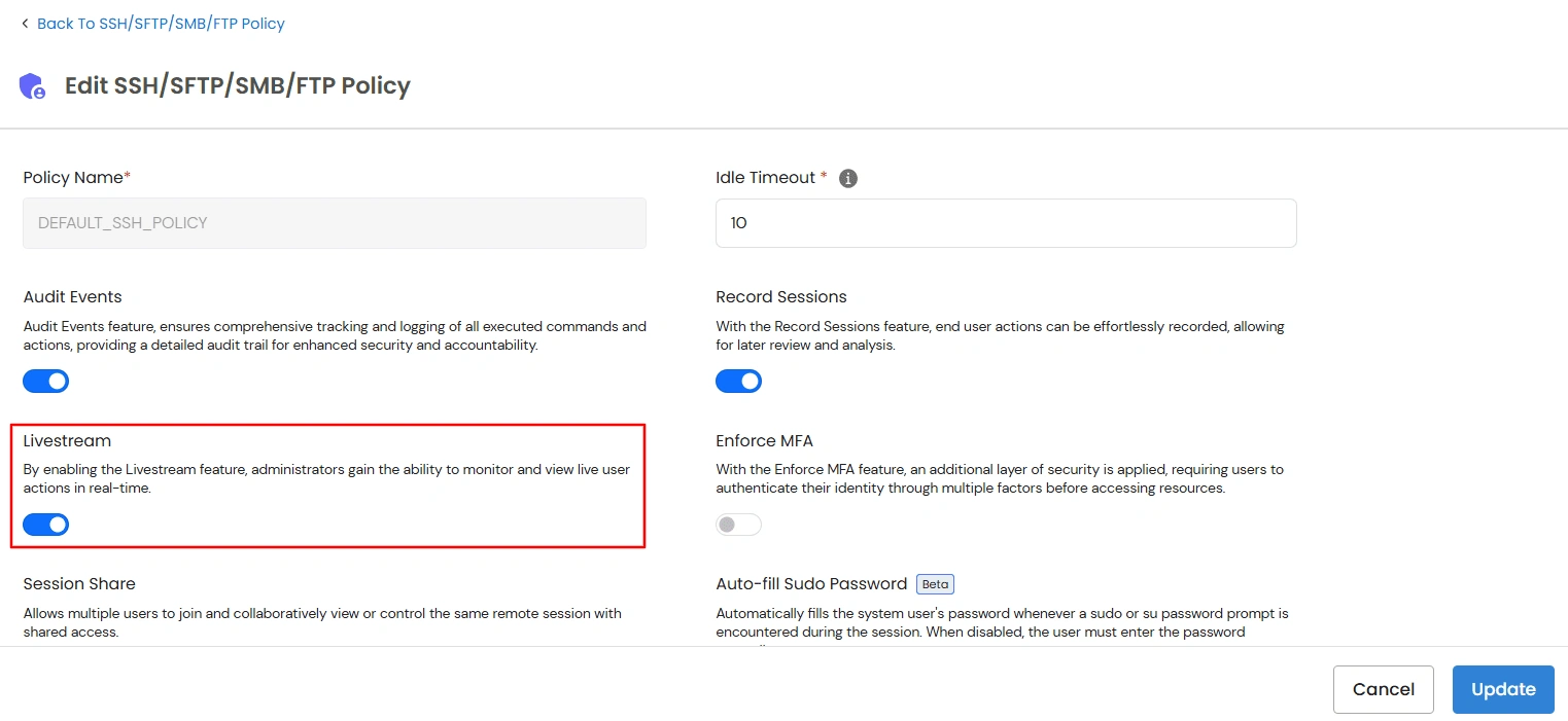 Privileged Access Management Admin Handbook: Livestream toggle in the General section of a resource policy