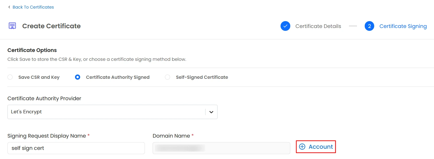 Certificate Manager - Let's Encrypt Add Account