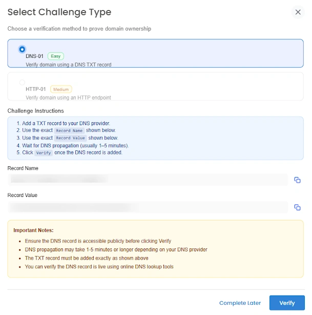 Certificate Manager - Let's Encrypt challenge and verify