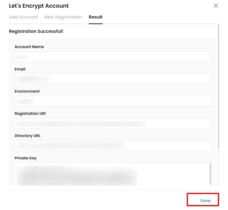 Certificate Manager - Let's Encrypt Result tab