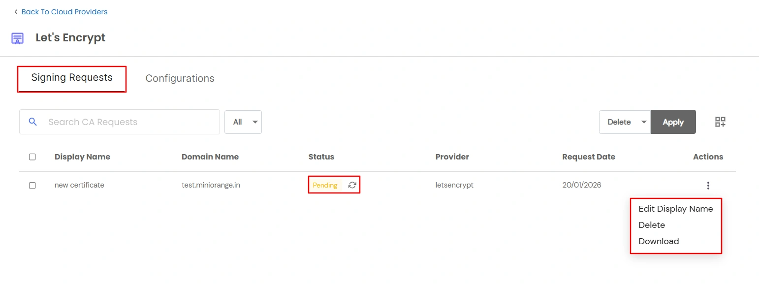 Certificate Manager - Let's Encrypt Signing Requests tab