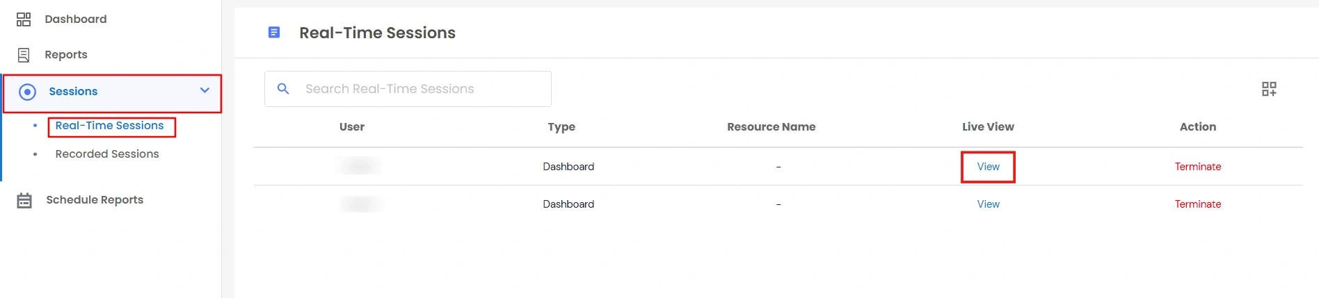 Privileged Access Management Admin Handbook: Real-Time Sessions list with User, Type, Resource Name, and View