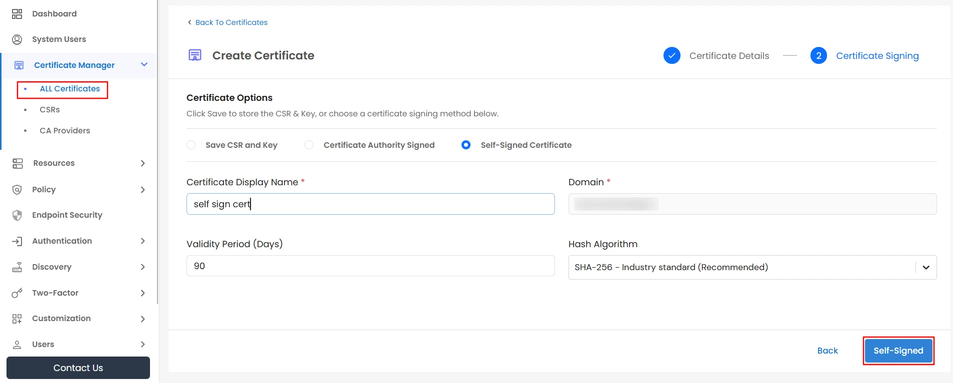 Certificate Manager - Save Self Signed