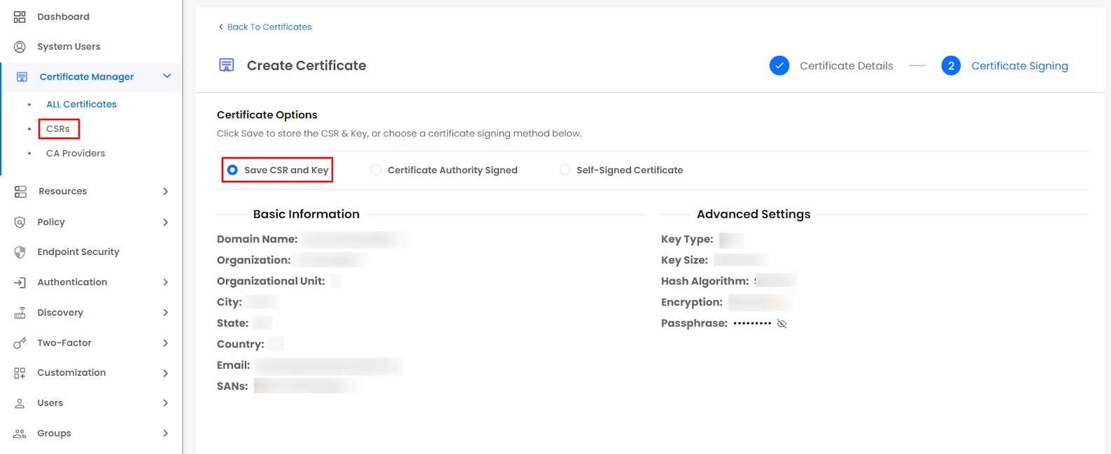 Certificate Manager - Self Sign certificate