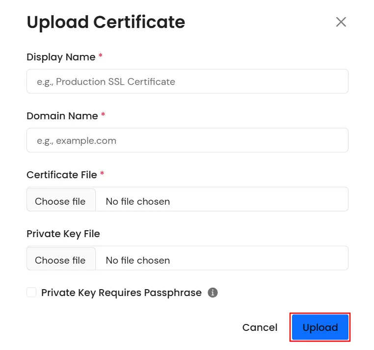 Certificate Manager - Upload Certificate form
