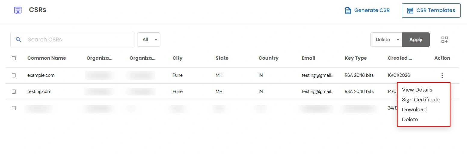 Certificate Manager - View Actions