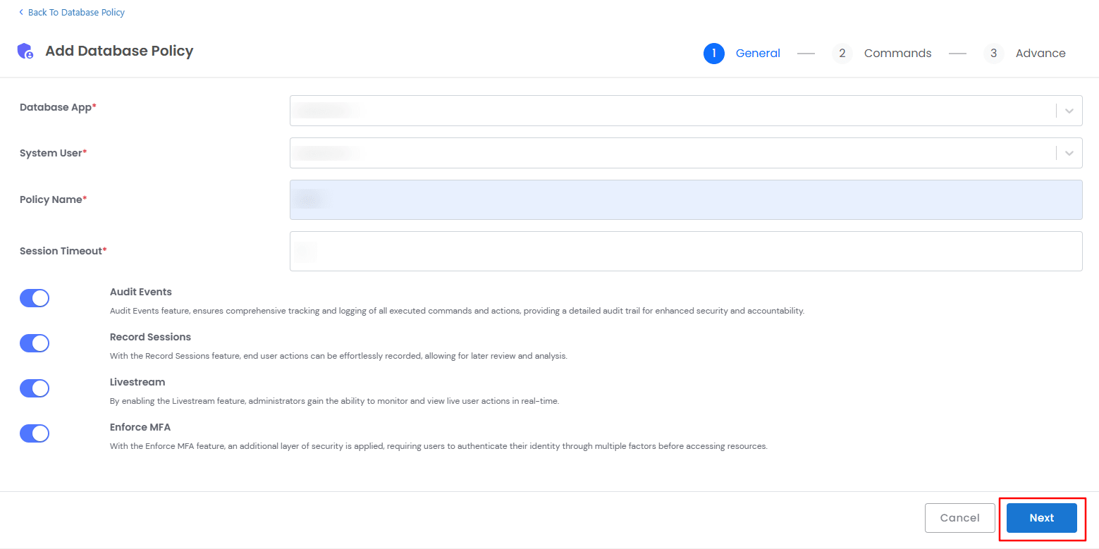 To Add a Setup New Database Policy General