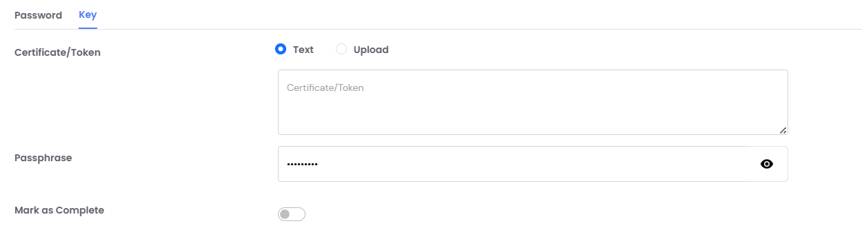 Authentication credentials section for configuring a system user password, key, certificate, or token.