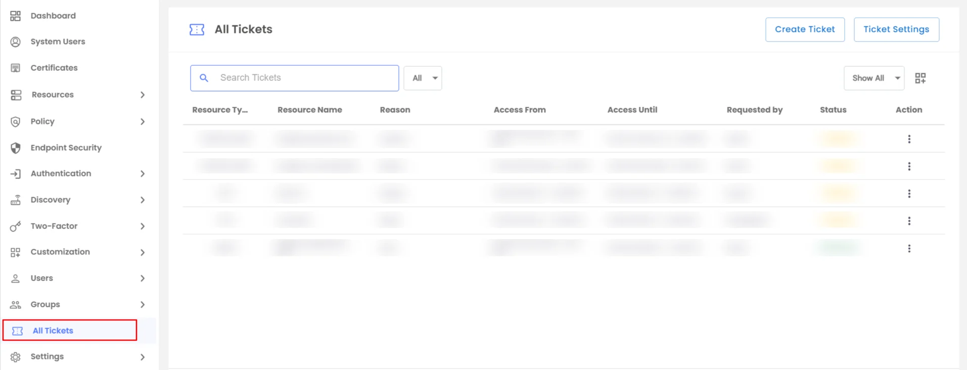 Navigating to the Tickets section in miniOrange PAM