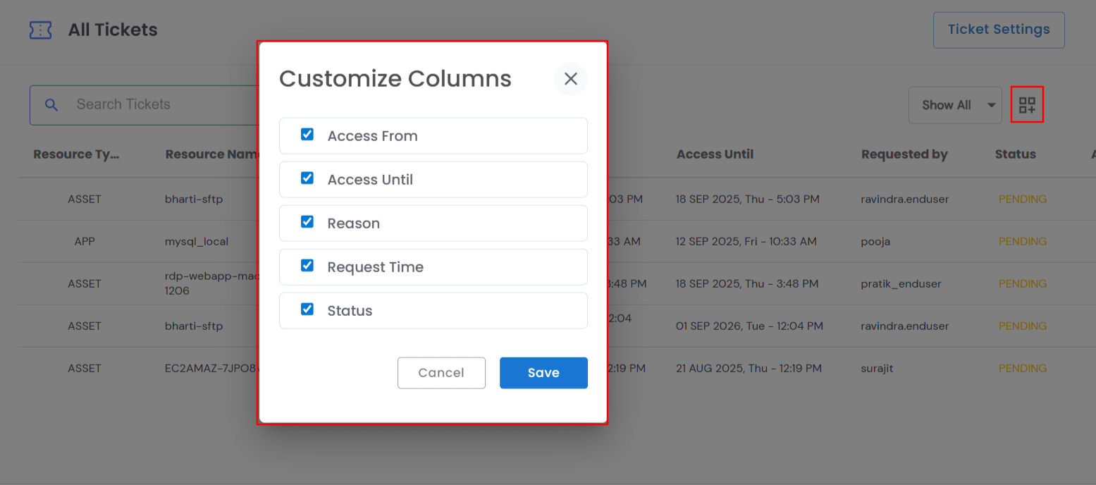 Customize Columns in miniOrange PAM