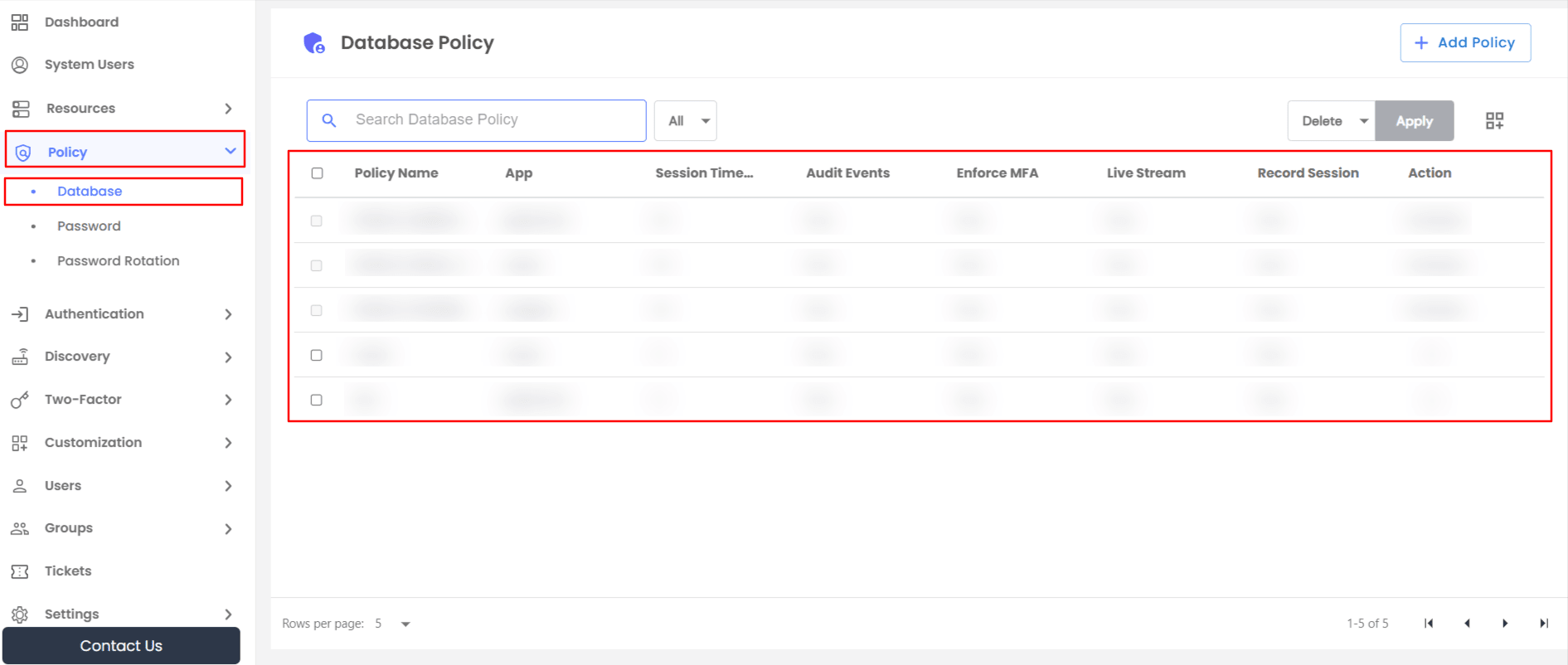 Database Policy Table Overview