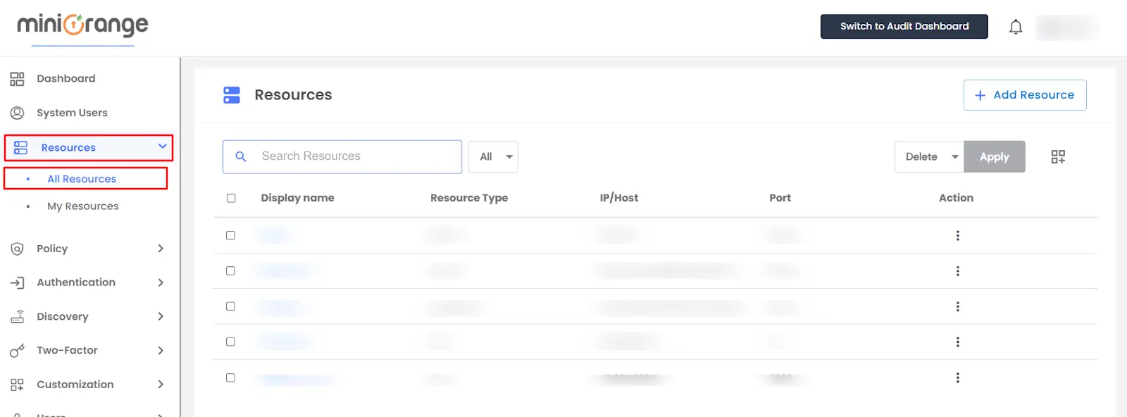 Navigating to the All Resources in miniOrange PAM