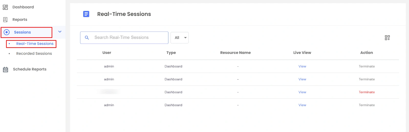 Privileged Access Management Admin Handbook: Real-Time Sessions, the table will give a breakdown of all the tabs that are currently active for the dashboard.