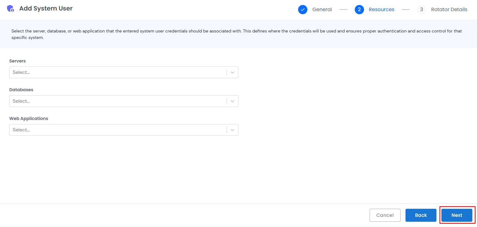 Resources section for mapping assets, applications, and web apps to a system user in miniOrange PAM