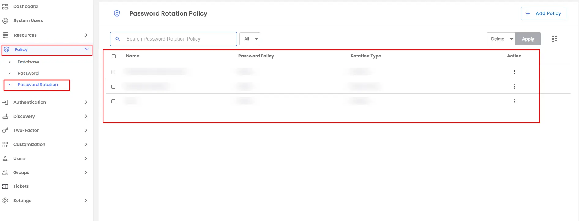 Tabble overview a Rotatio Policies Section