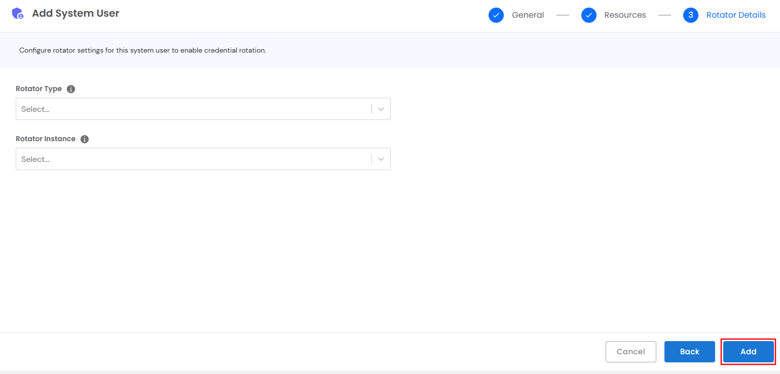 Rotator details section for configuring system user password rotation in miniOrange PAM