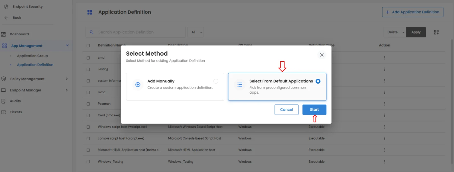 PAM Endpoint Select Default Applications