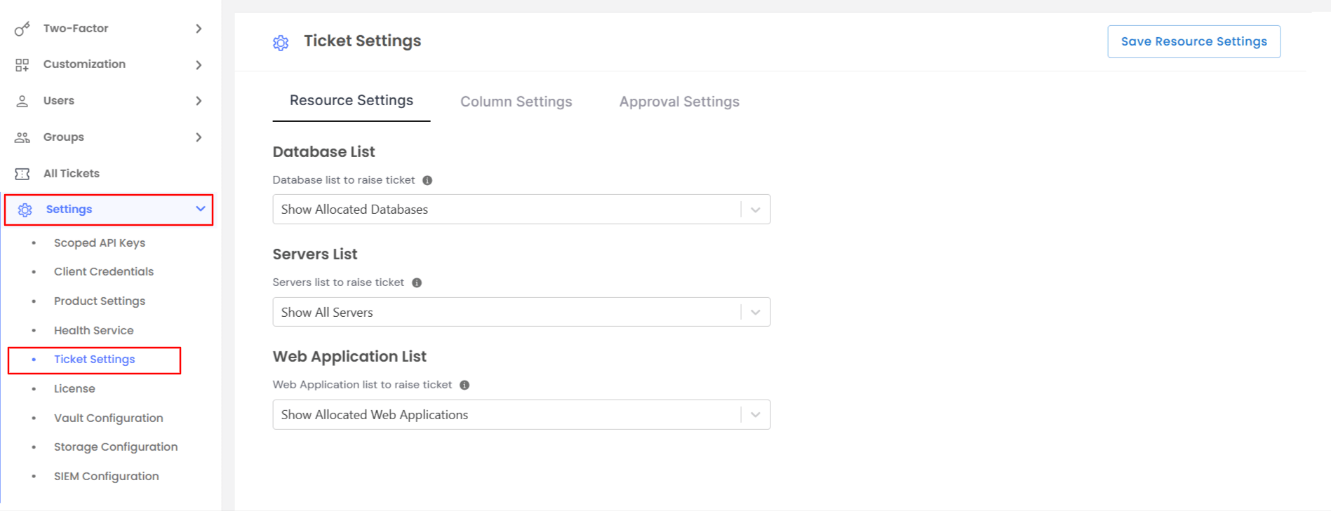miniOrange PAM Admin Dashboard: Ticket Settings