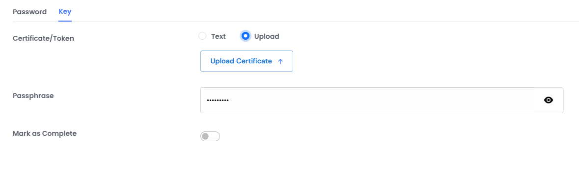 Authentication credentials section for configuring a system user key, certificate, or token.