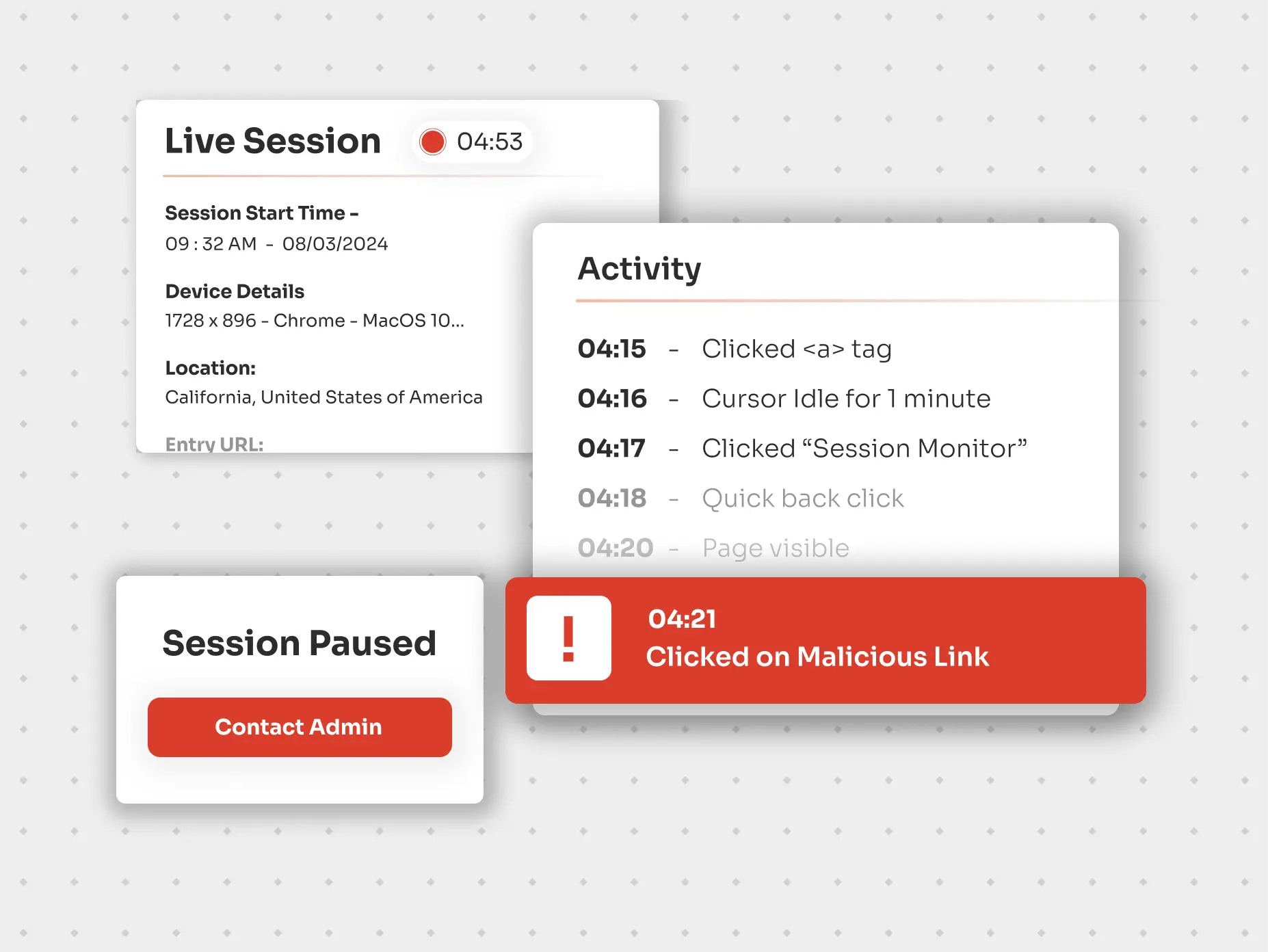 An interface showcasing live monitoring of privileged session management, highlighting user activities and access control.