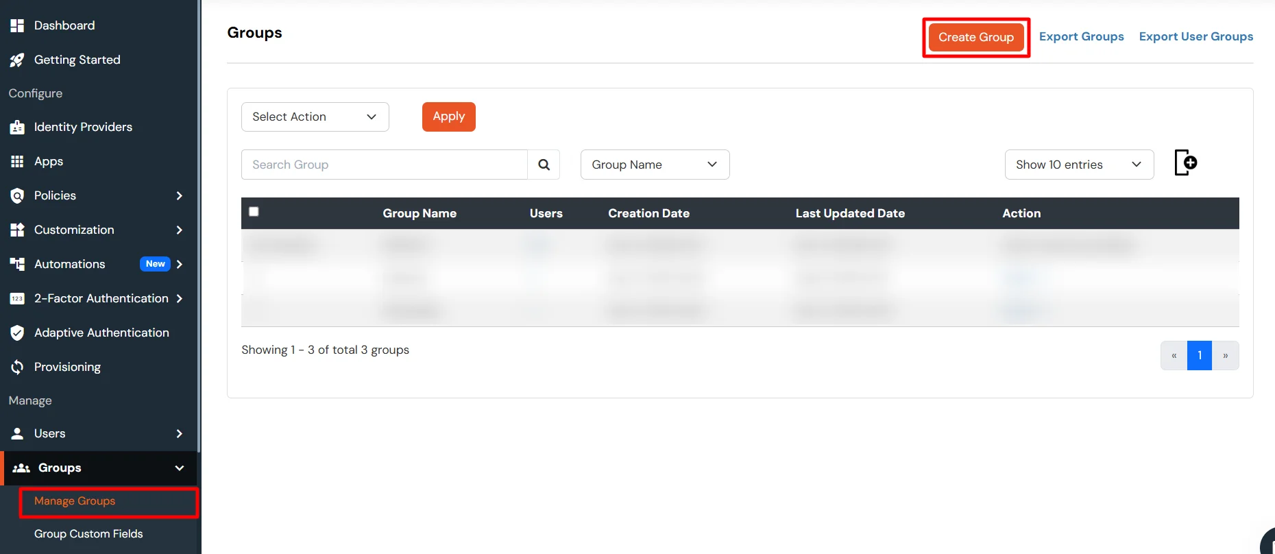 Create Group from Manage Groups section in Active Directory Provisioning