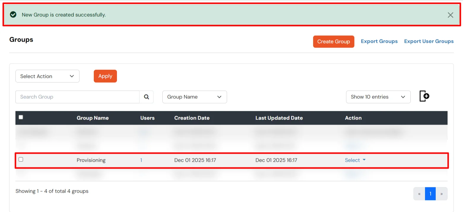 Group created successfully in Active Directory and listed under Manage Groups section