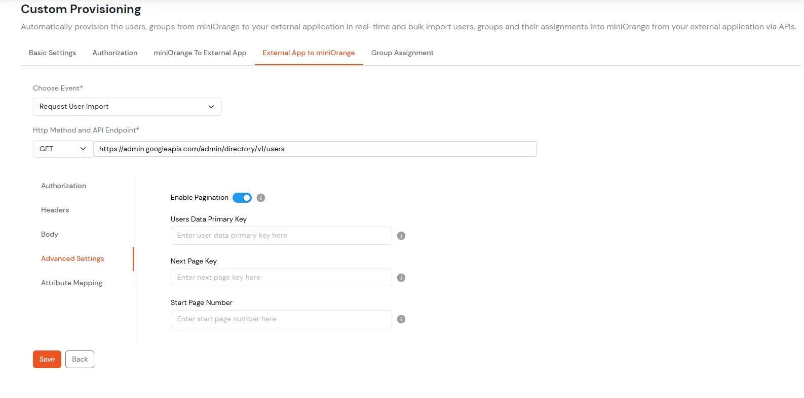 Enter the Next Page Key from API response to handle pagination - import users