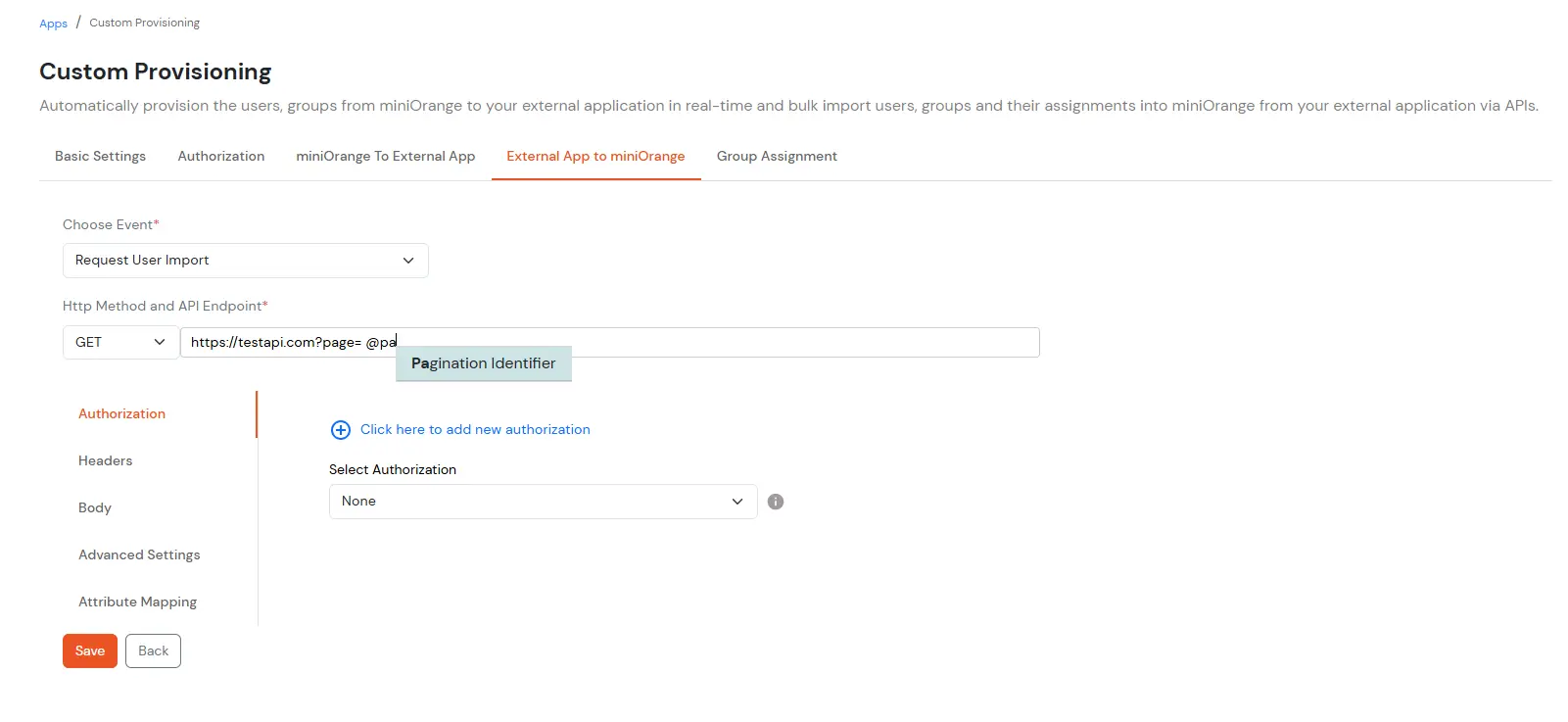 API configuration for enabling pagination with Pagination Identifier