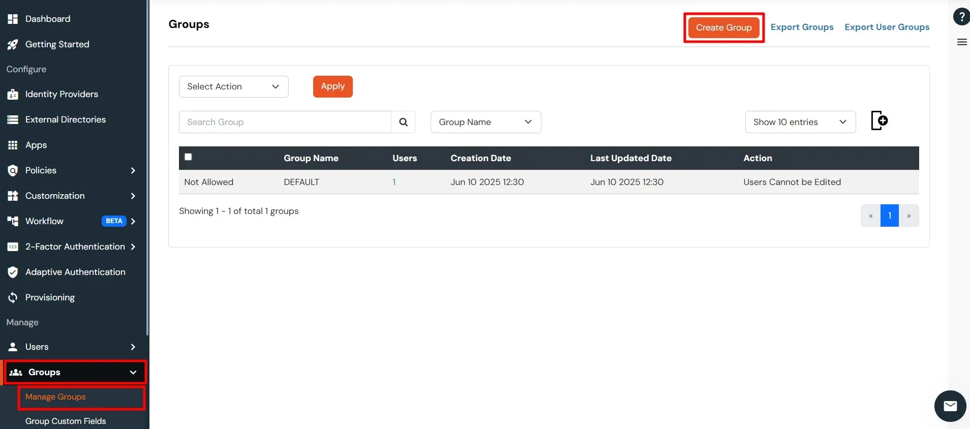 Click Create Group button in Manage Groups section for Office 365 provisioning