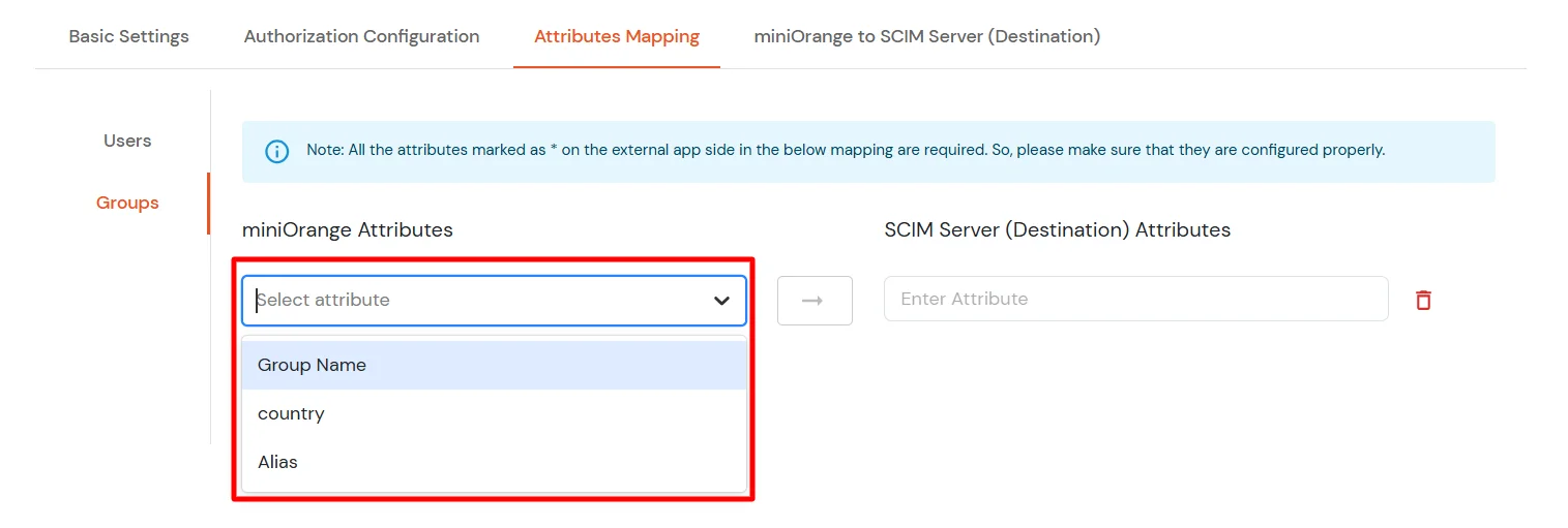 miniOrange Identity Platform Admin Handbook: SCIM Provisioning Select miniOrange Attribute from dropdown