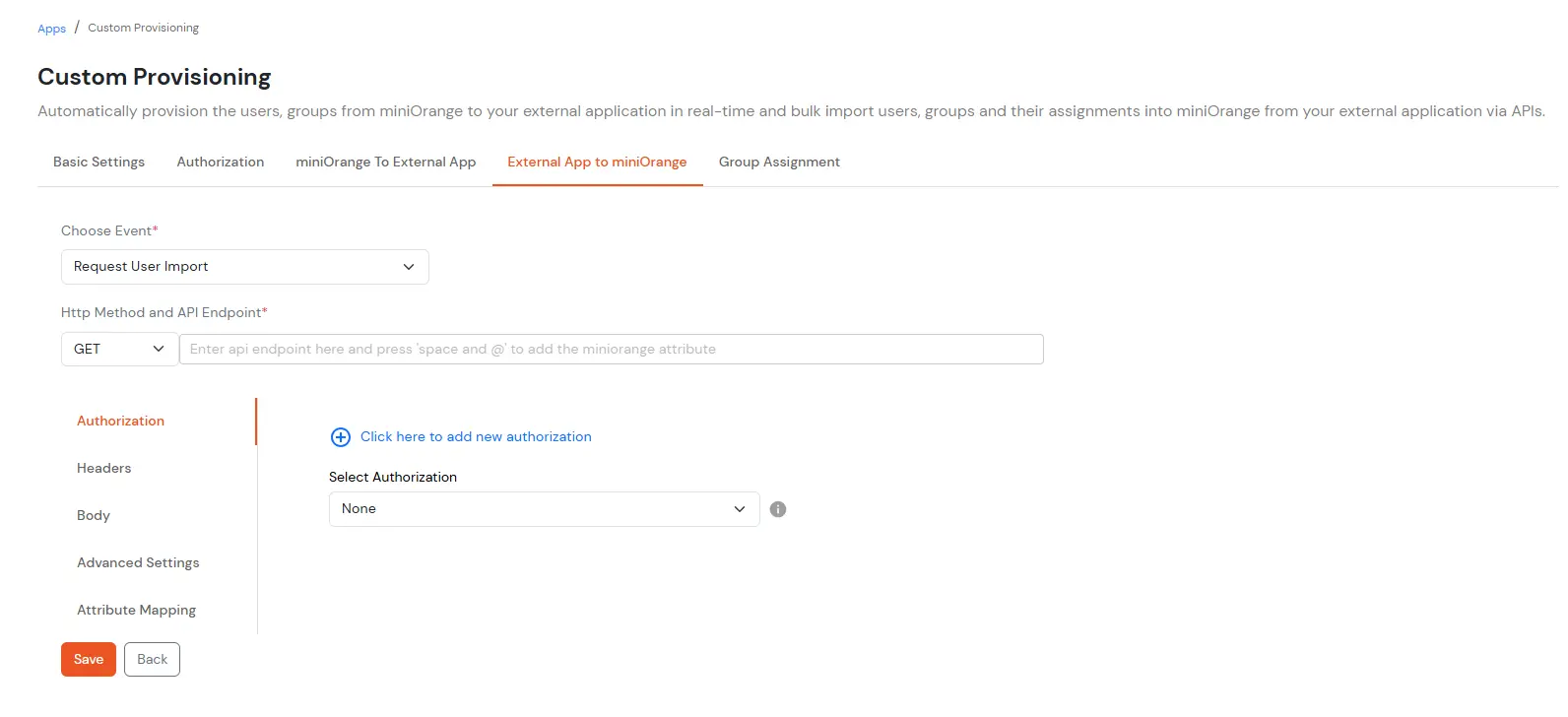 Select Request user import event from the dropdown menu