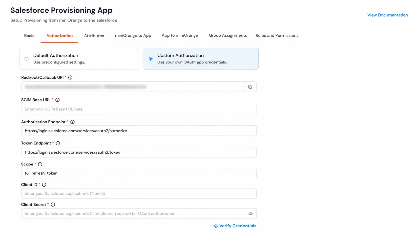 Salesforce Apps Provisioning : Custom Authorization