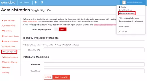 quandora sso manage domain