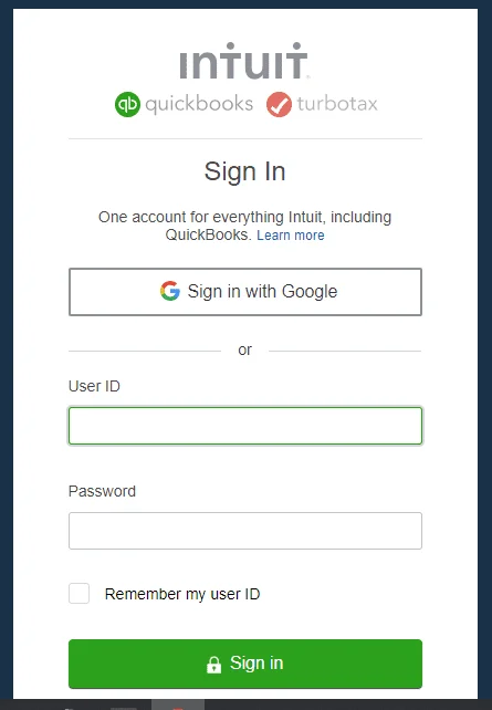 QuickBooks Single Sign-On (sso) user login page