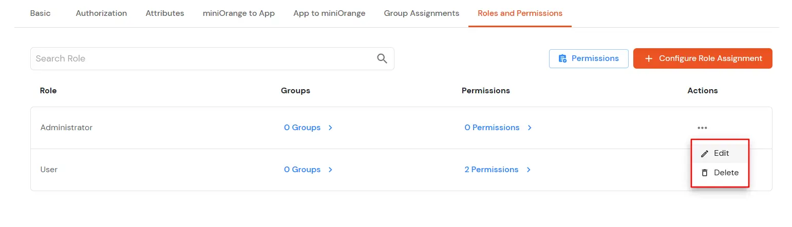 Actions Menu for Role