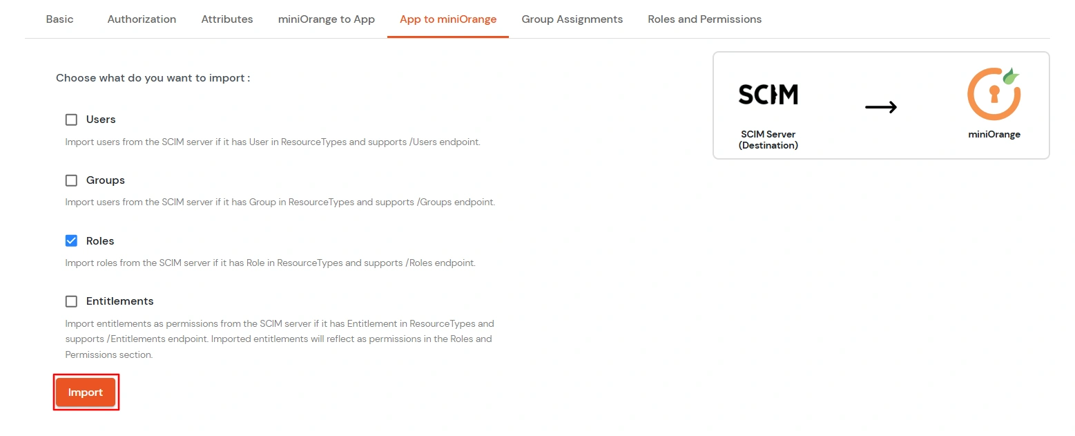 miniOrange Identity Platform Admin Handbook: Select roles or entitlements and click Import