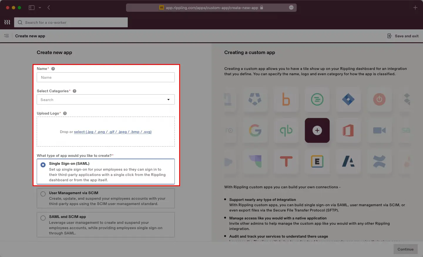 Rippling Single Sign On (SSO) select saml