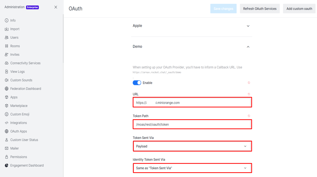 Single Sign-On (sso)for Rocket.Chat configure OAuth settings