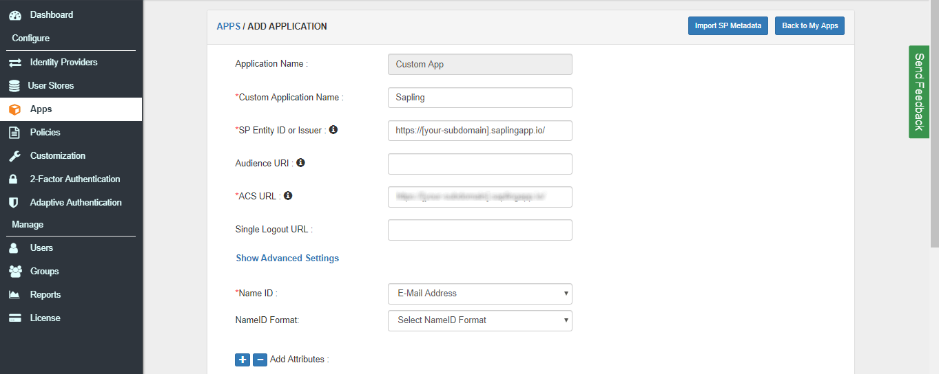 sapling saml sso app configure