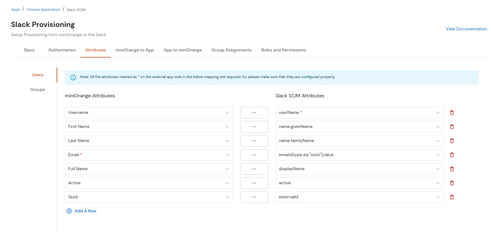Slack SCIM Provisioning - map user attributes between miniOrange and Slack