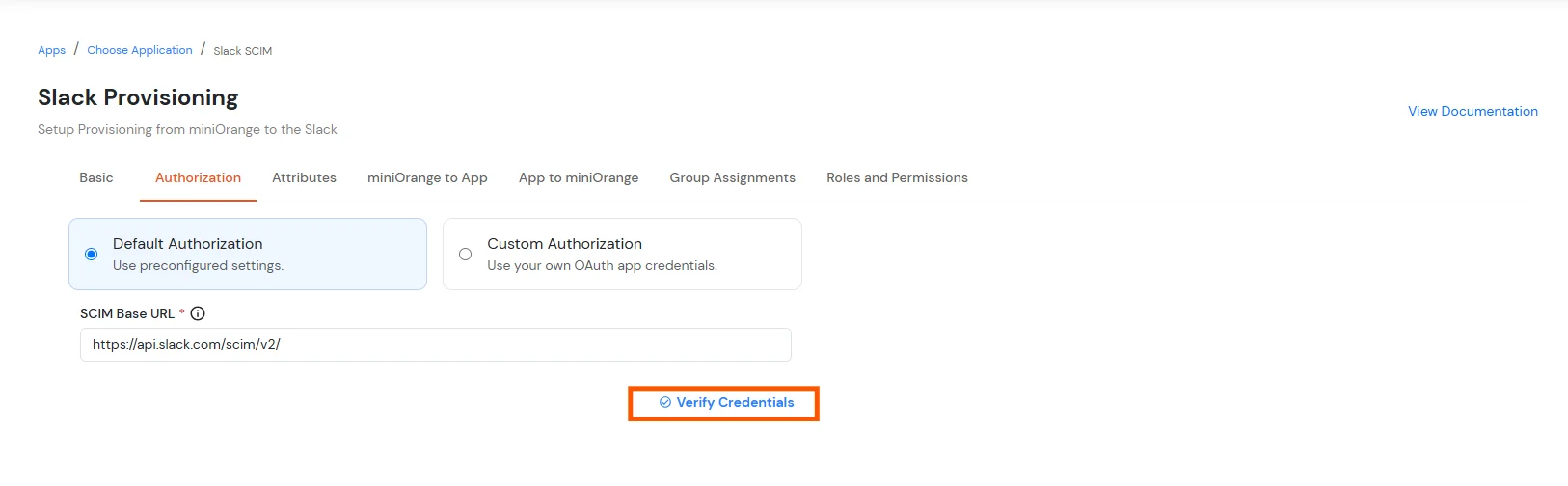 Slack SCIM Provisioning setup - verify Slack SCIM credentials in miniOrange